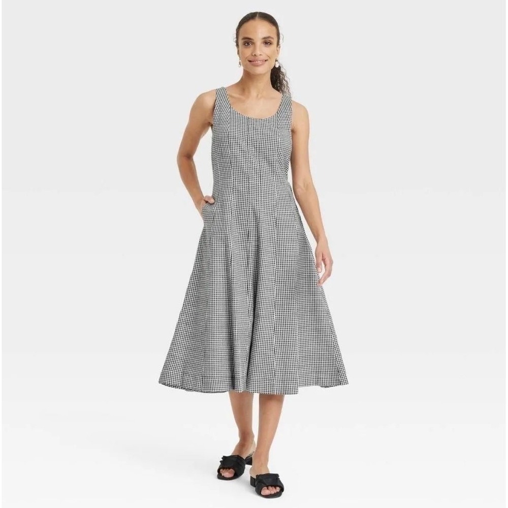 A New Day Black White Gingham check midi Dress Pockets Sleeveless Cotton Blend 4